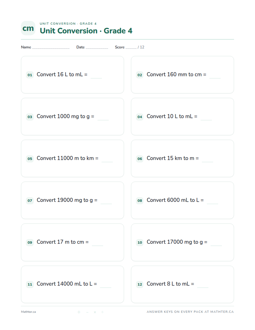 Intermediate Grade 4 unit conversion worksheet, page one