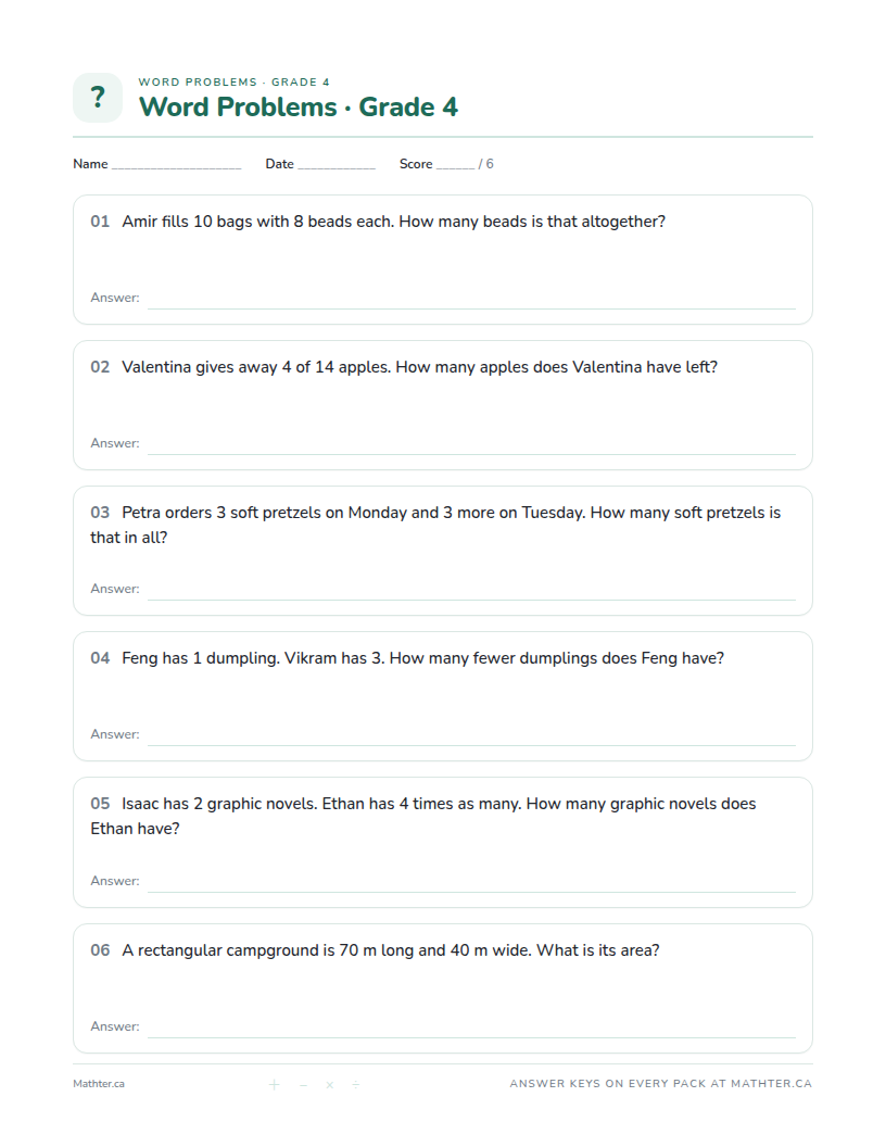 Beginner Grade 4 word problem worksheet, page one