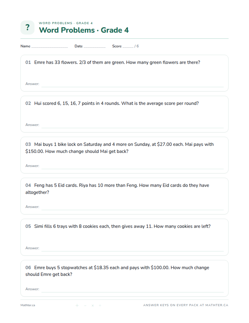 Advanced Grade 4 word problem worksheet, page one