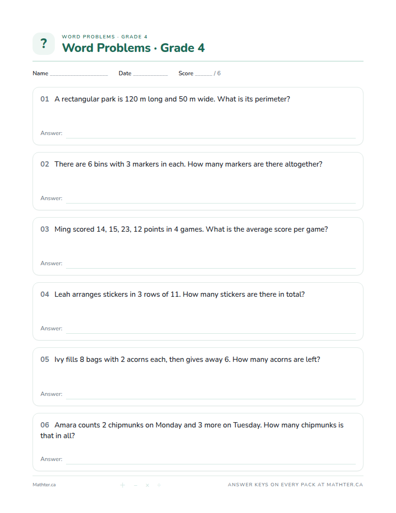 Intermediate Grade 4 word problem worksheet, page one