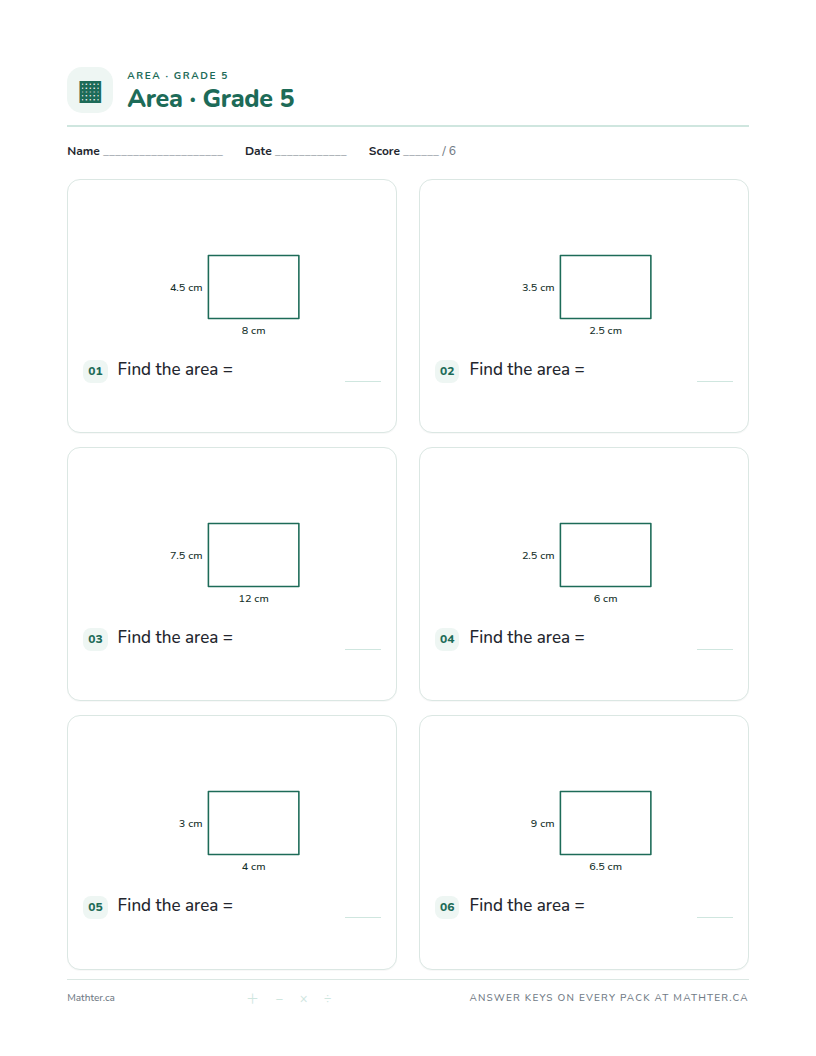 Beginner Grade 5 area worksheet, page one