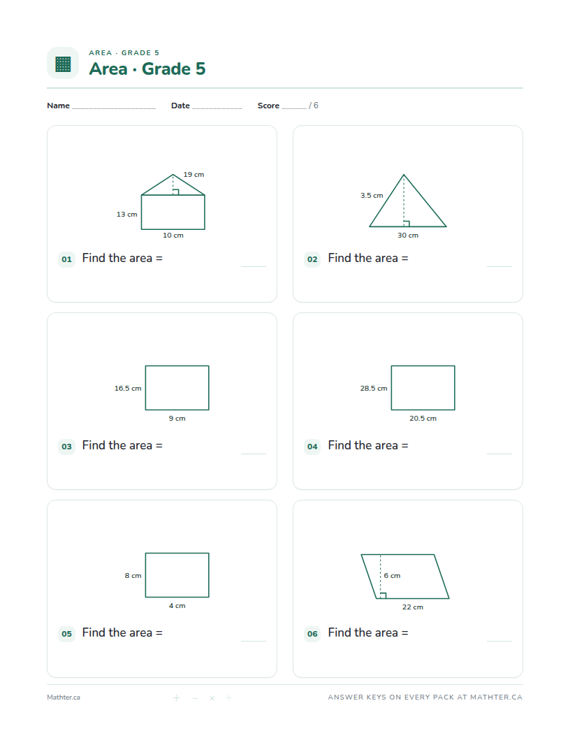 Advanced Grade 5 area worksheet, page one