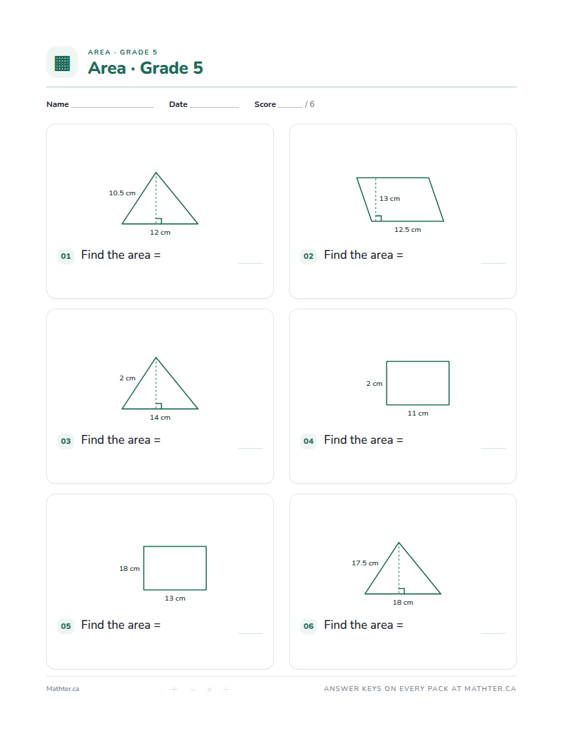 Intermediate Grade 5 area worksheet, page one