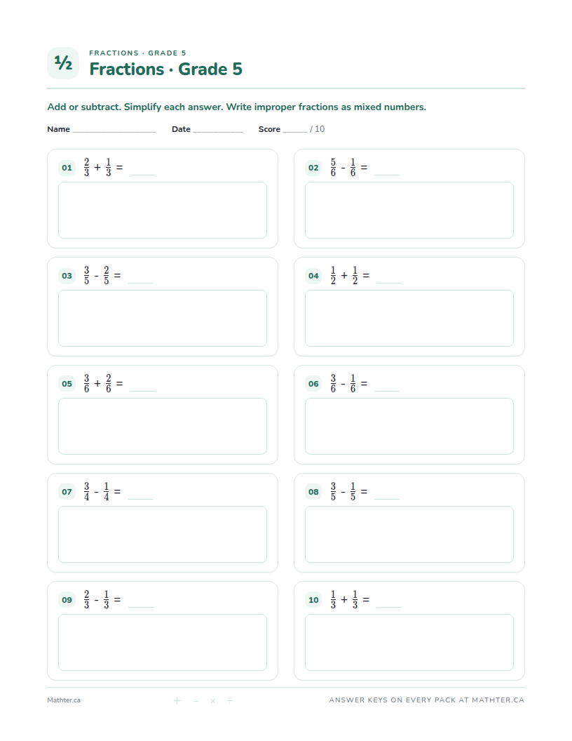 Beginner Grade 5 fraction worksheet, page one