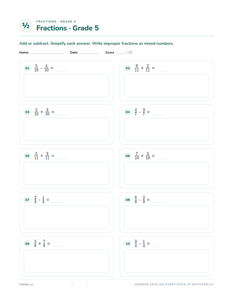 Intermediate Grade 5 fraction worksheet, page one