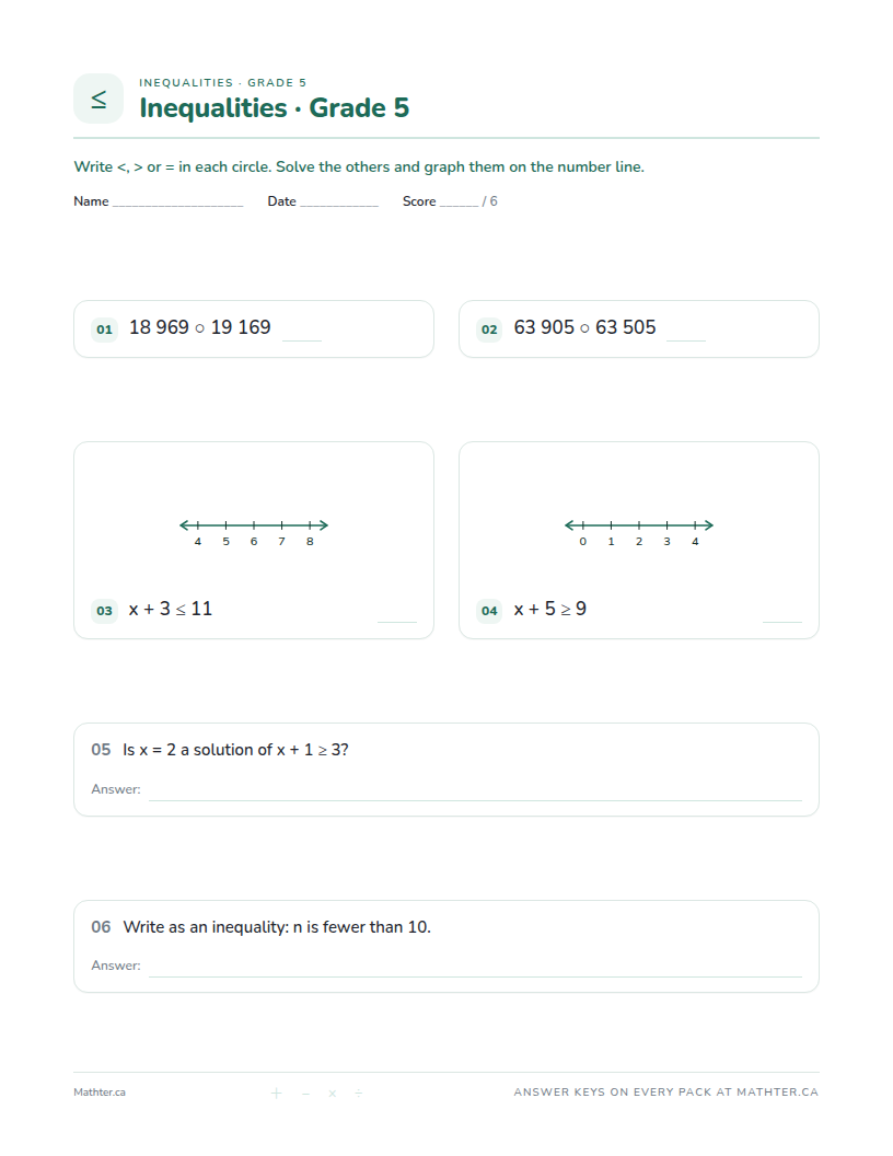 Beginner Grade 5 inequalities worksheet, page one