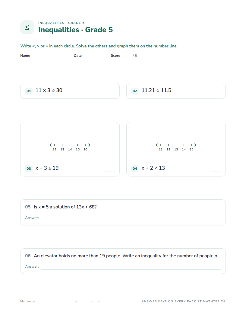 Advanced Grade 5 inequalities worksheet, page one