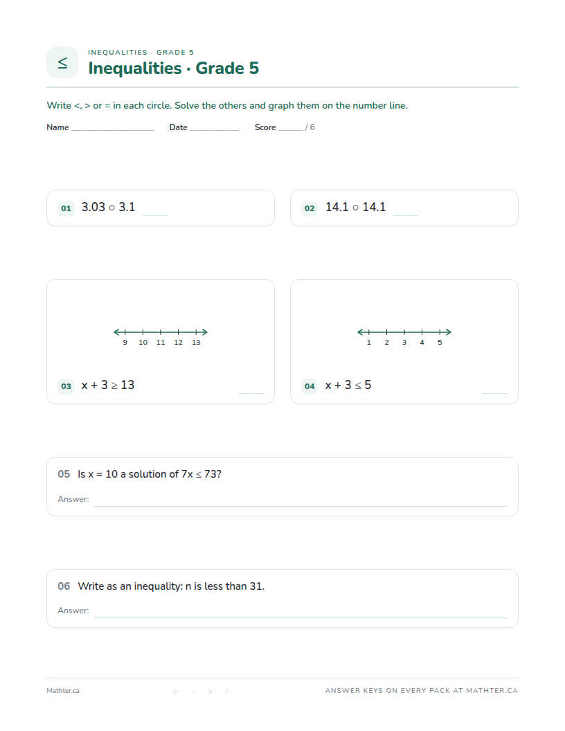 Intermediate Grade 5 inequalities worksheet, page one