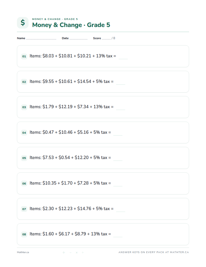Intermediate Grade 5 money & change worksheet, page one