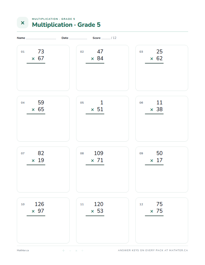 Advanced Grade 5 multiplication worksheet, page one