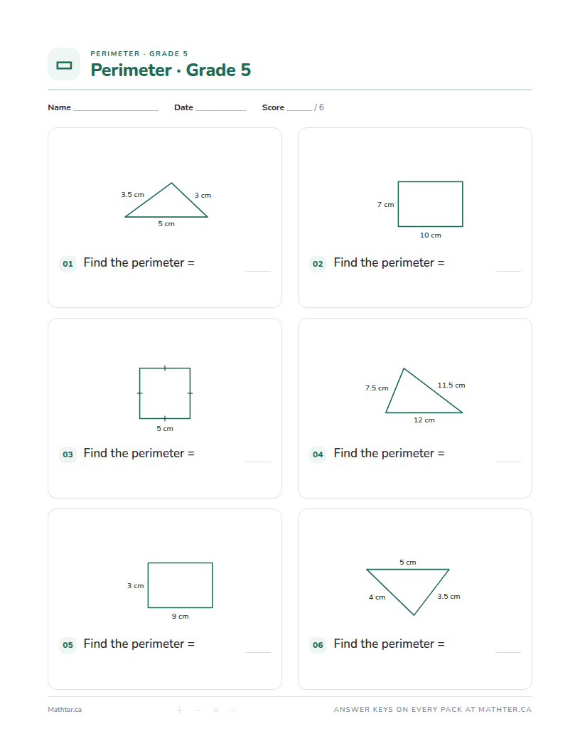Beginner Grade 5 perimeter worksheet, page one