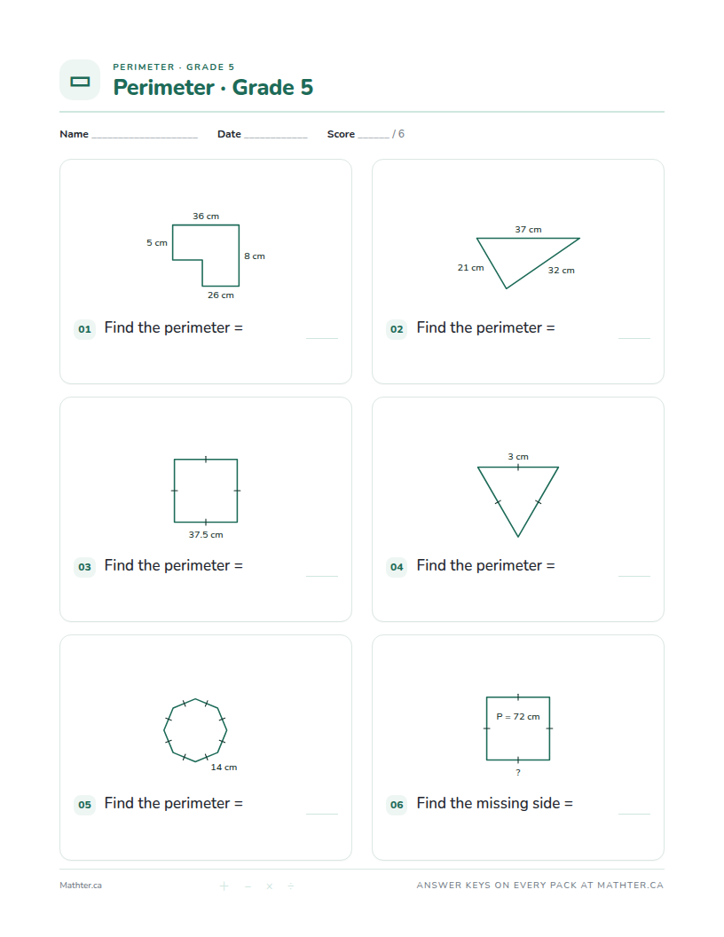 Advanced Grade 5 perimeter worksheet, page one