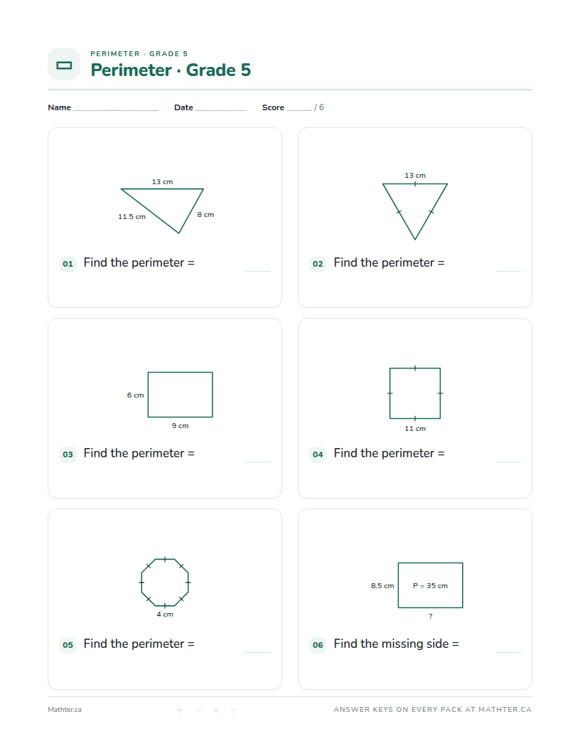 Intermediate Grade 5 perimeter worksheet, page one