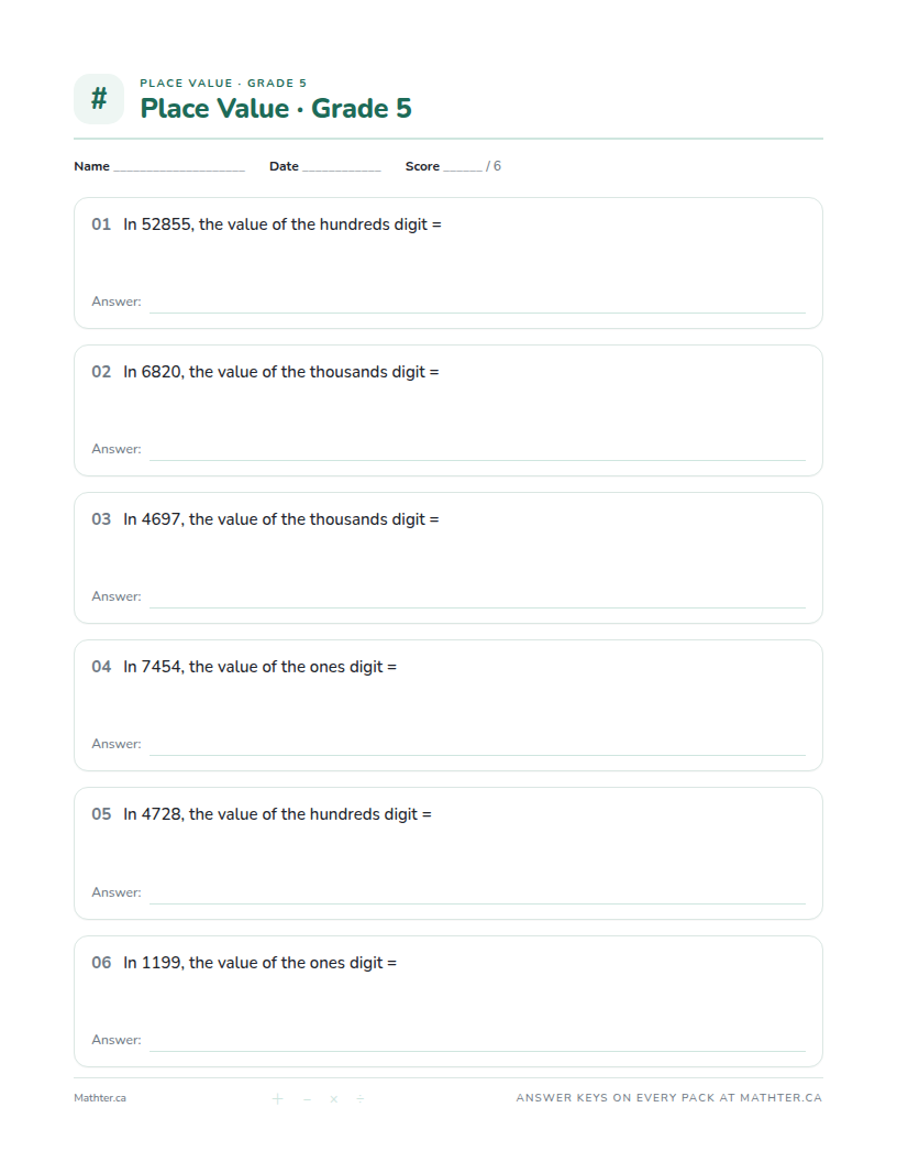 Beginner Grade 5 place value worksheet, page one