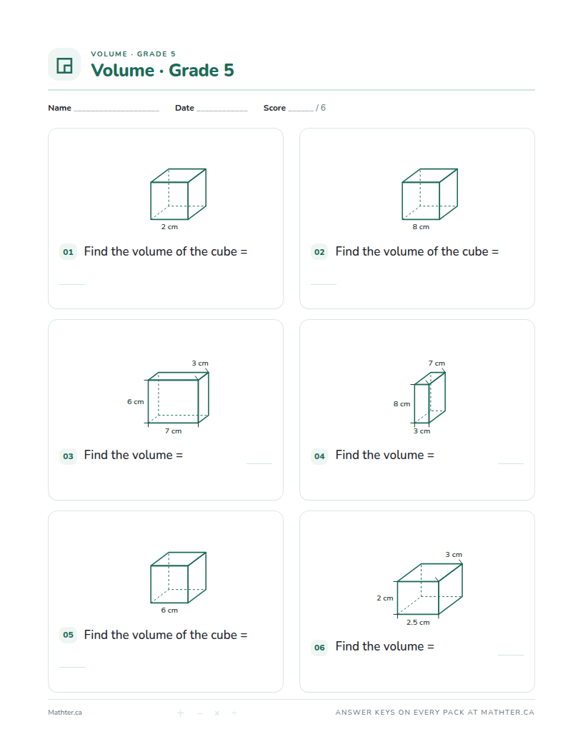 Beginner Grade 5 volume worksheet, page one