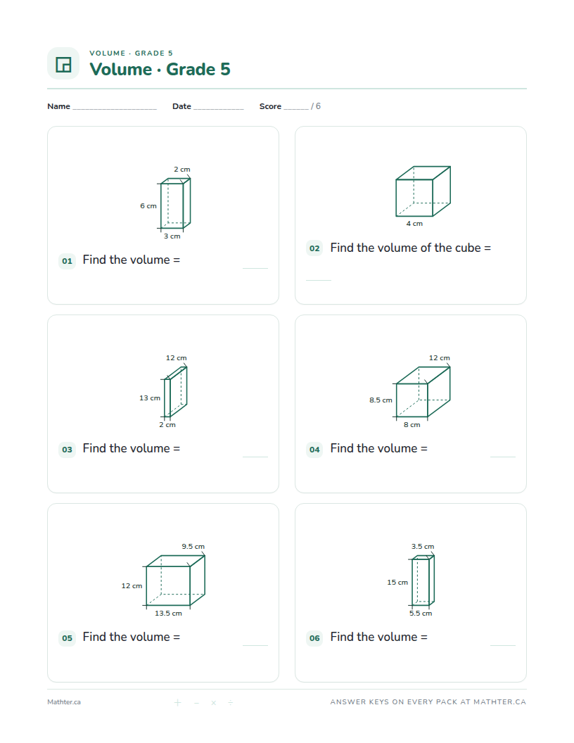 Advanced Grade 5 volume worksheet, page one