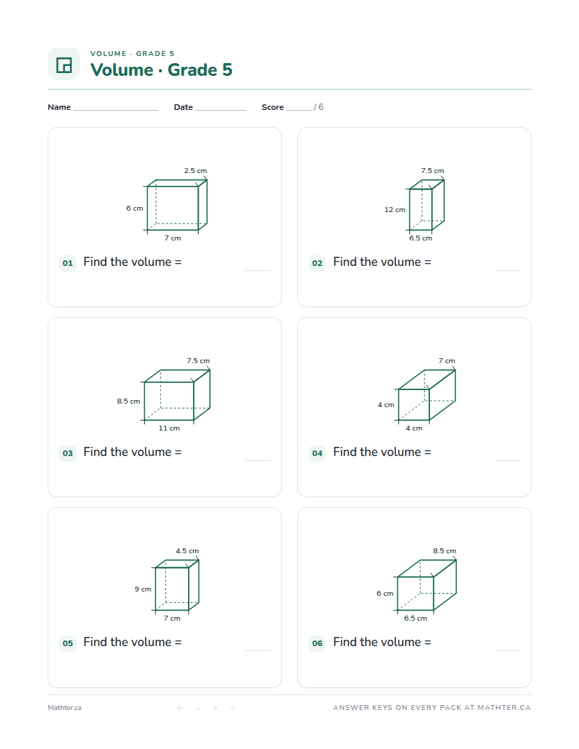Intermediate Grade 5 volume worksheet, page one