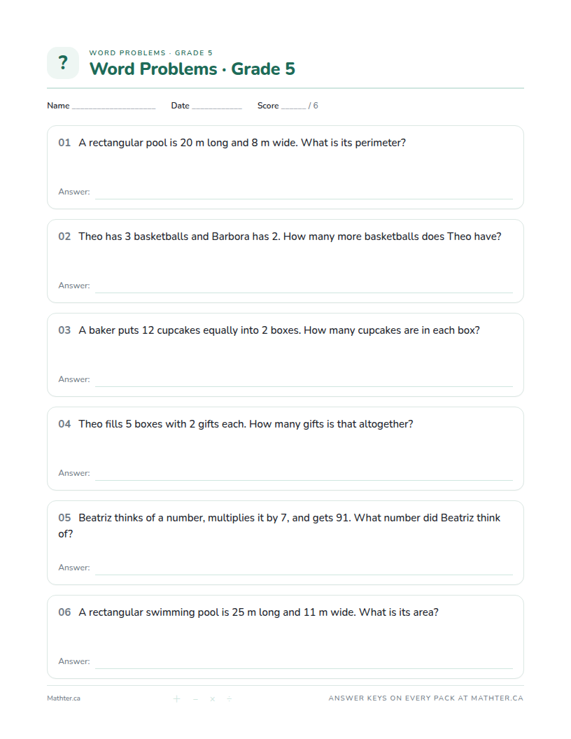 Beginner Grade 5 word problem worksheet, page one