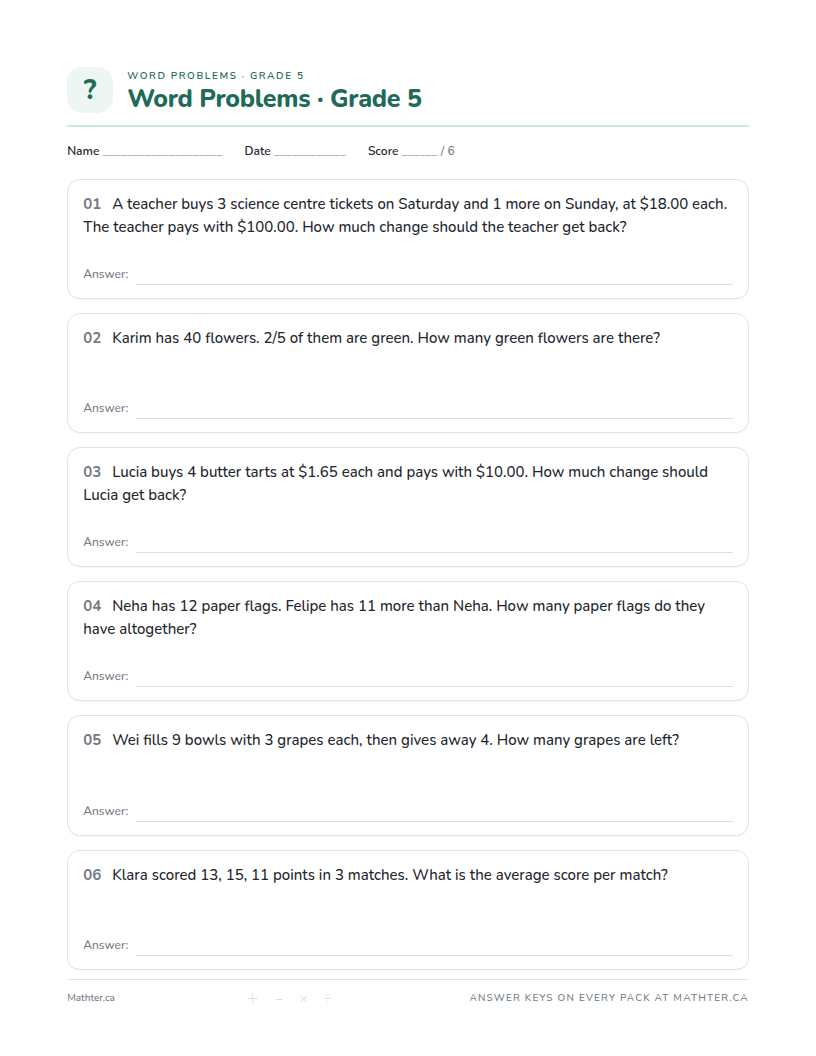 Advanced Grade 5 word problem worksheet, page one