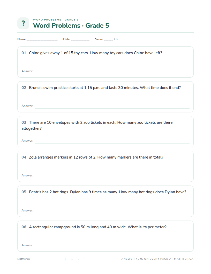 Intermediate Grade 5 word problem worksheet, page one