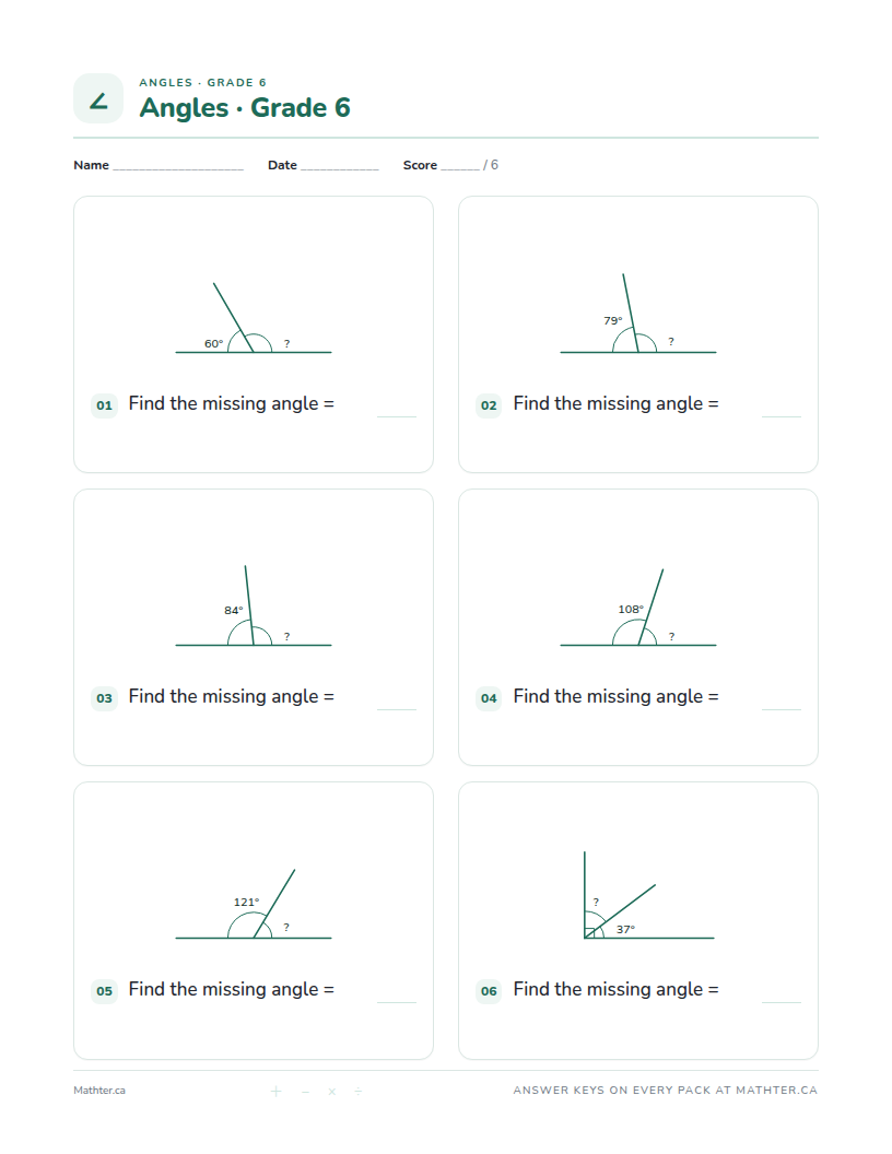 Beginner Grade 6 angles worksheet, page one