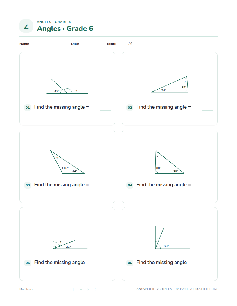 Advanced Grade 6 angles worksheet, page one