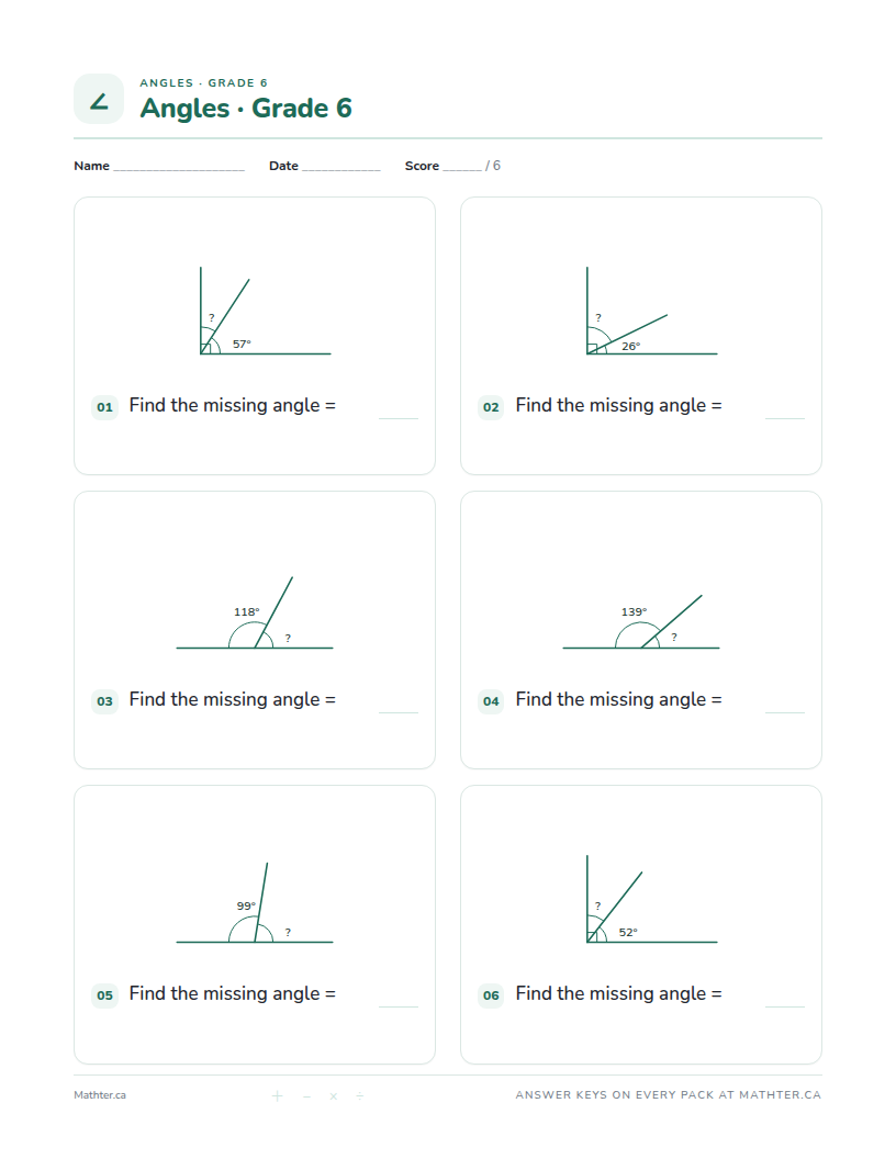 Intermediate Grade 6 angles worksheet, page one