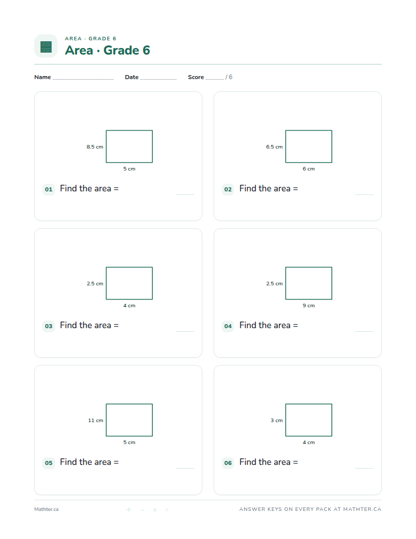 Beginner Grade 6 area worksheet, page one
