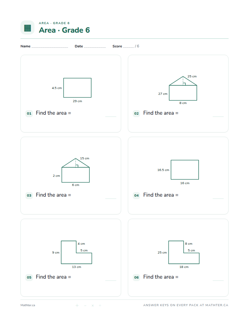 Advanced Grade 6 area worksheet, page one