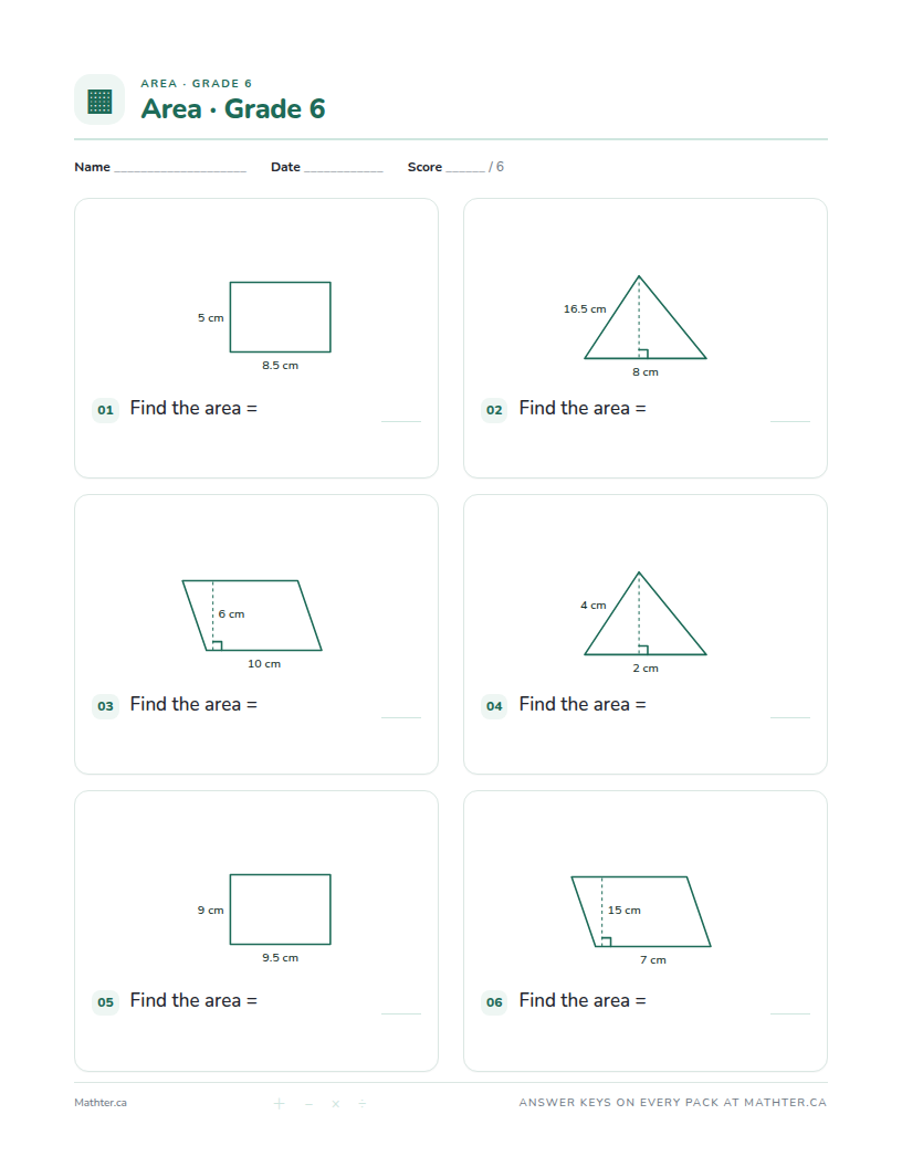Intermediate Grade 6 area worksheet, page one