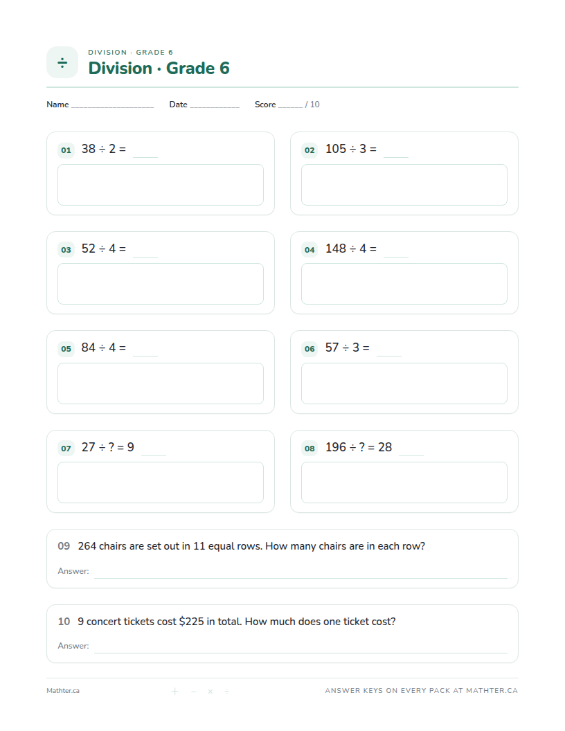 Beginner Grade 6 division worksheet, page one