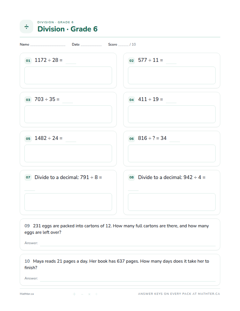 Advanced Grade 6 division worksheet, page one