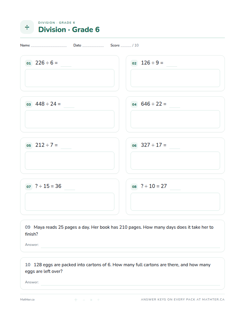 Intermediate Grade 6 division worksheet, page one