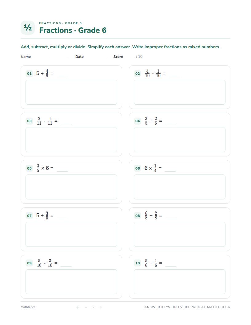 Beginner Grade 6 fraction worksheet, page one