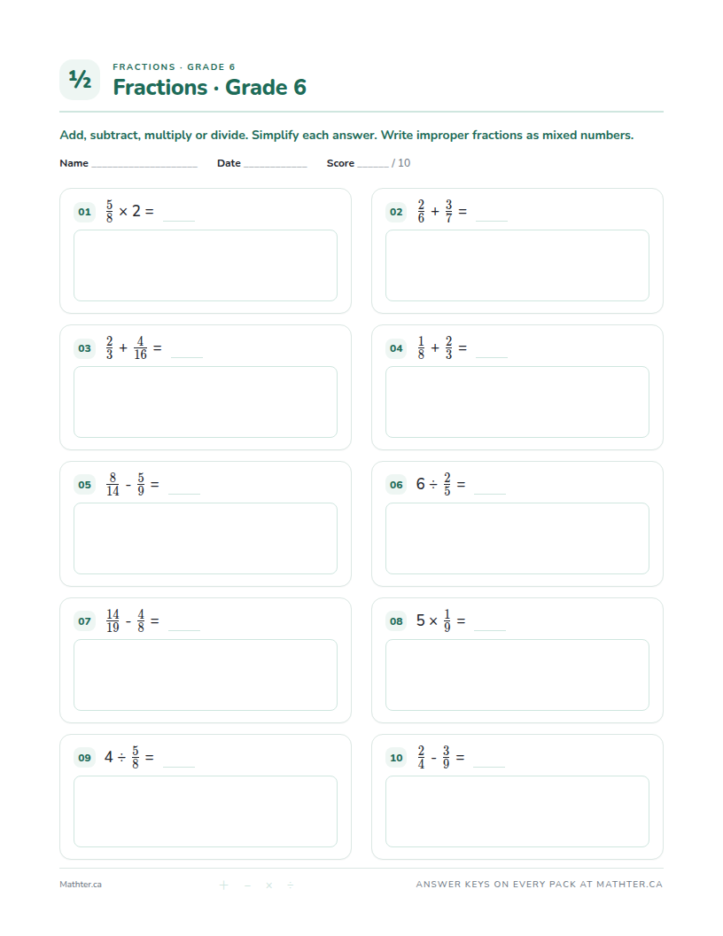 Advanced Grade 6 fraction worksheet, page one