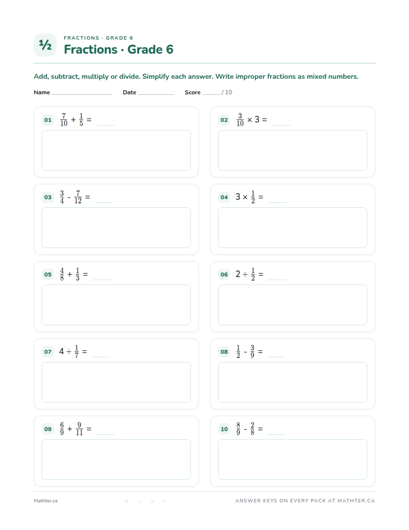 Intermediate Grade 6 fraction worksheet, page one