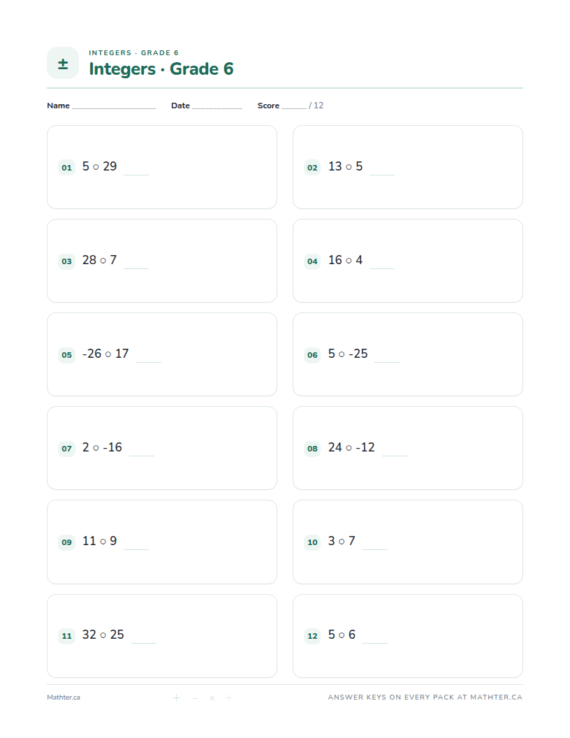 Advanced Grade 6 integer worksheet, page one