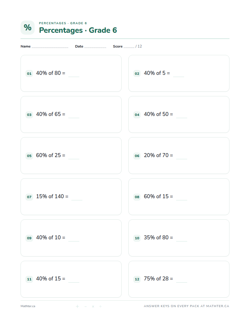 Advanced Grade 6 percentage worksheet, page one