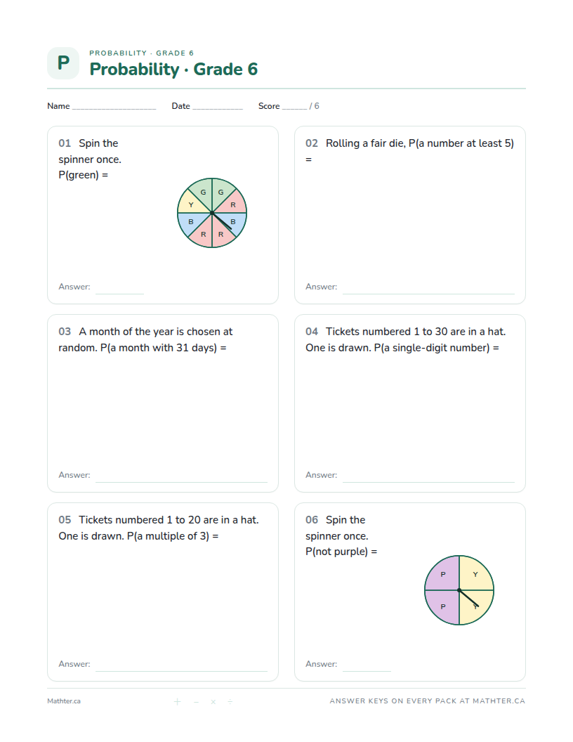 Beginner Grade 6 probability worksheet, page one
