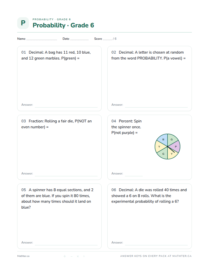 Advanced Grade 6 probability worksheet, page one