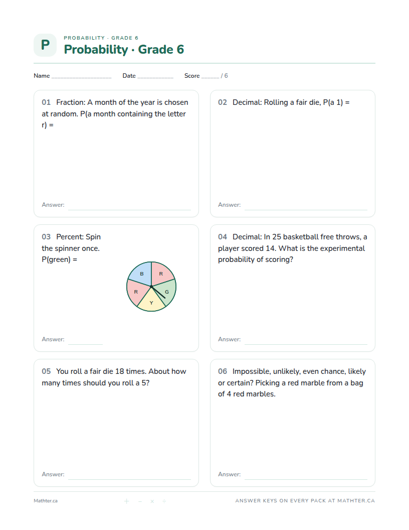 Intermediate Grade 6 probability worksheet, page one