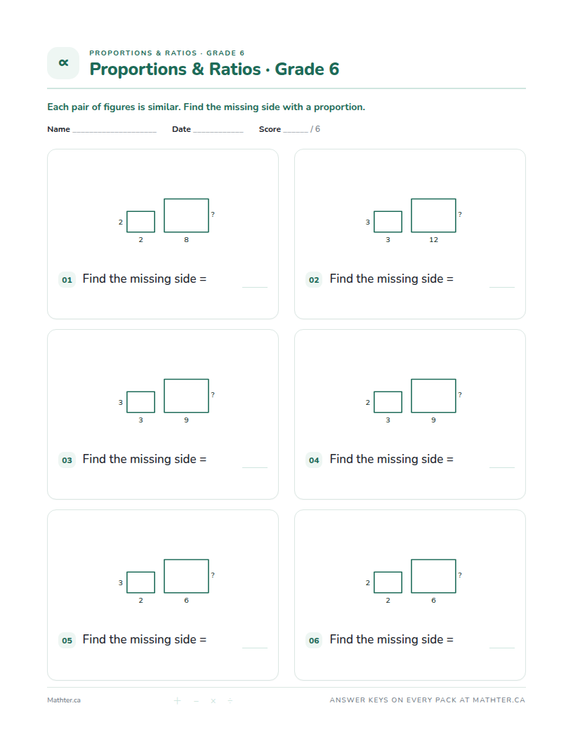 Beginner Grade 6 proportions & ratios worksheet, page one