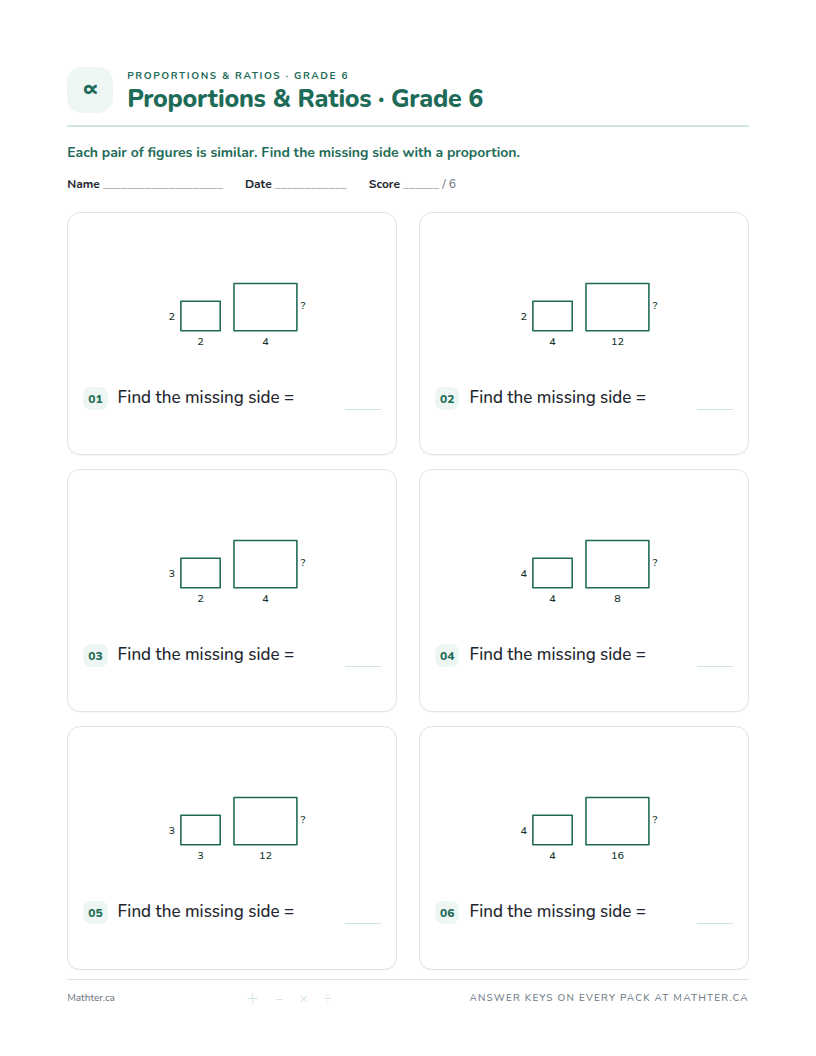 Intermediate Grade 6 proportions & ratios worksheet, page one