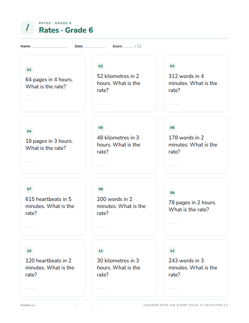 Beginner Grade 6 rates worksheet, page one