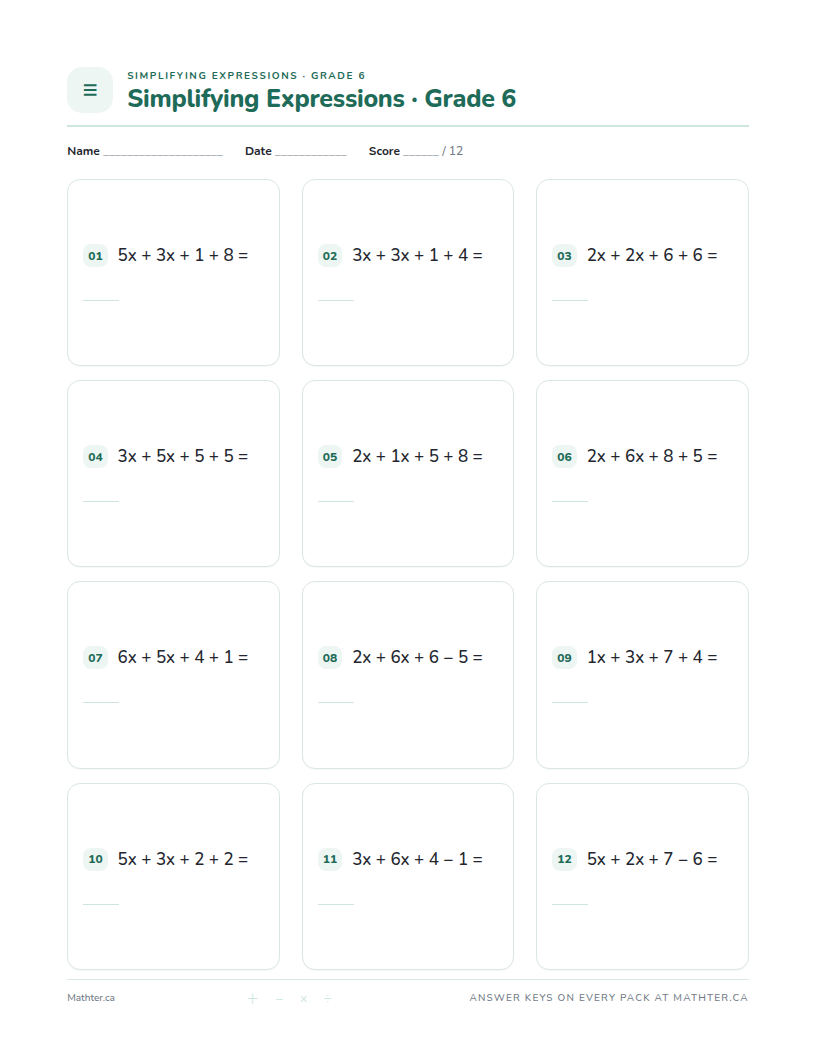 Beginner Grade 6 simplifying expressions worksheet, page one