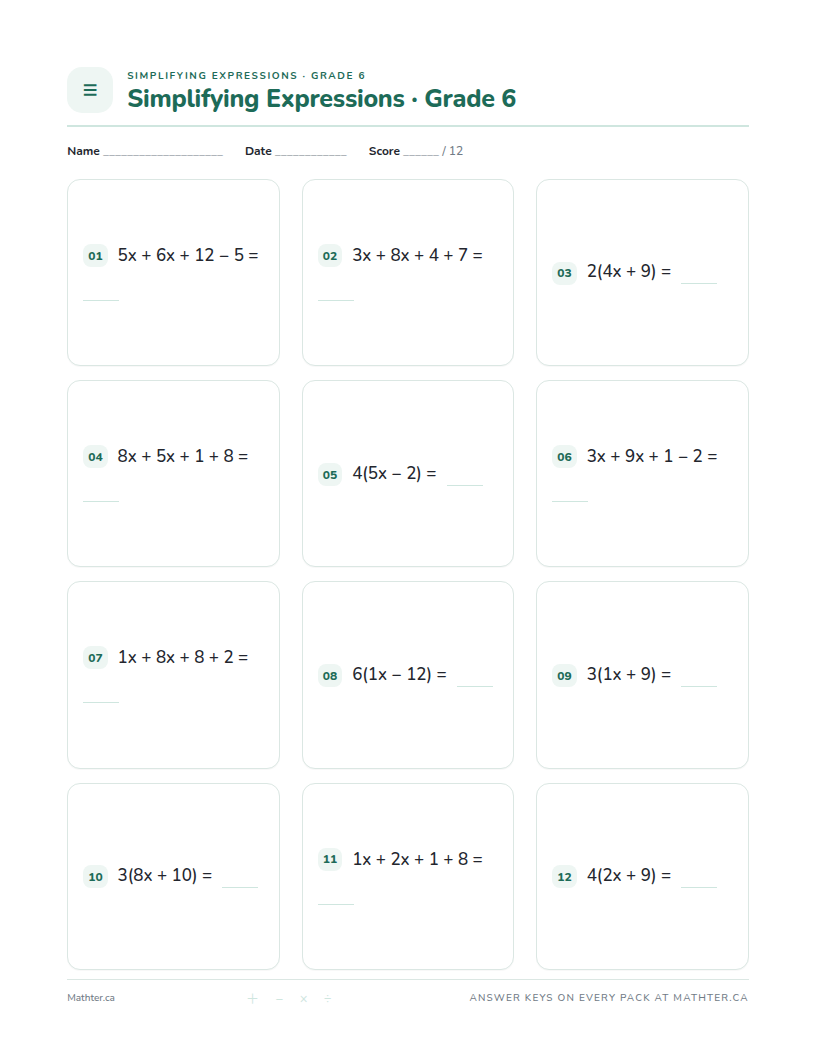 Intermediate Grade 6 simplifying expressions worksheet, page one