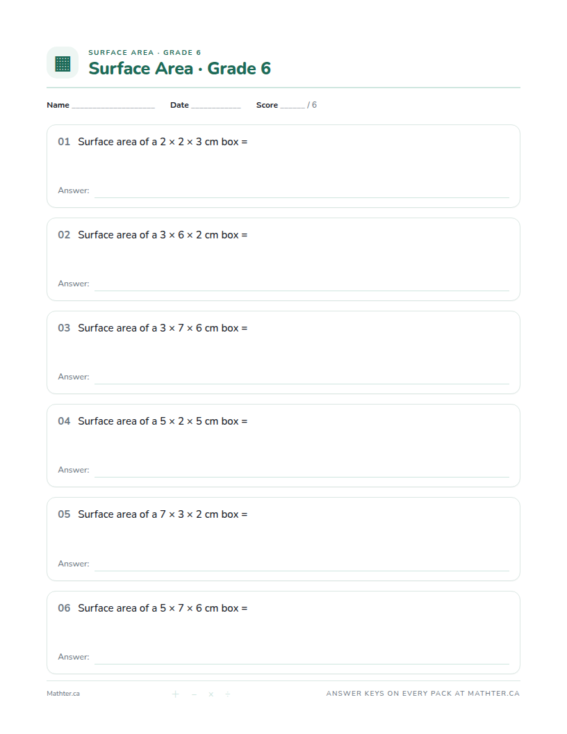 Beginner Grade 6 surface area worksheet, page one