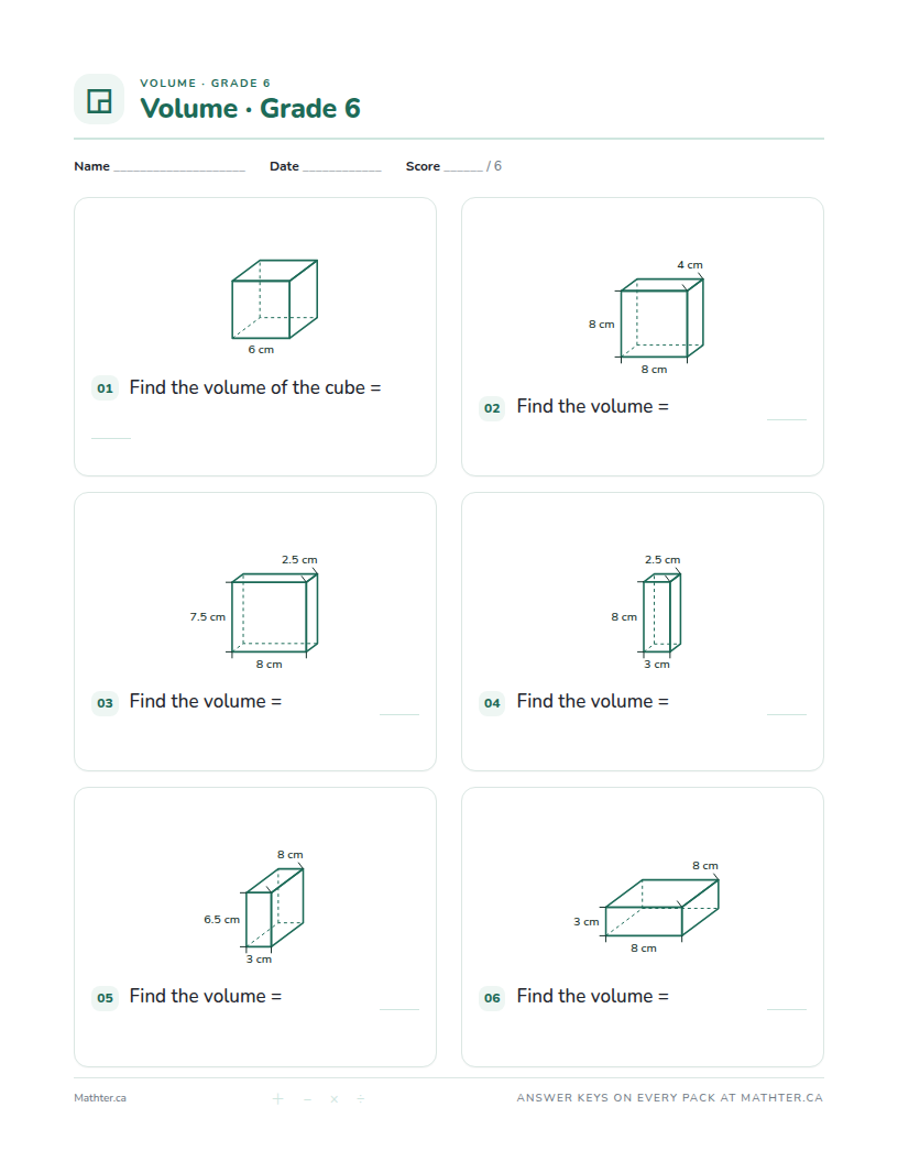 Beginner Grade 6 volume worksheet, page one