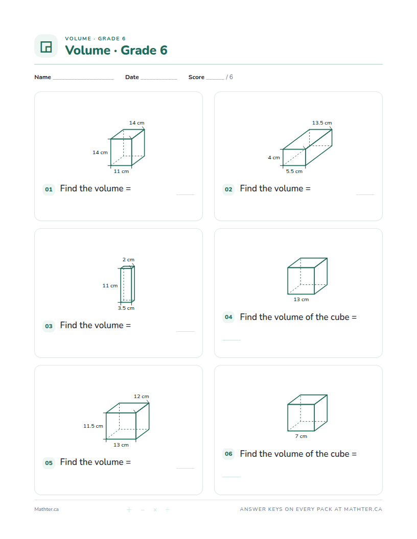 Advanced Grade 6 volume worksheet, page one