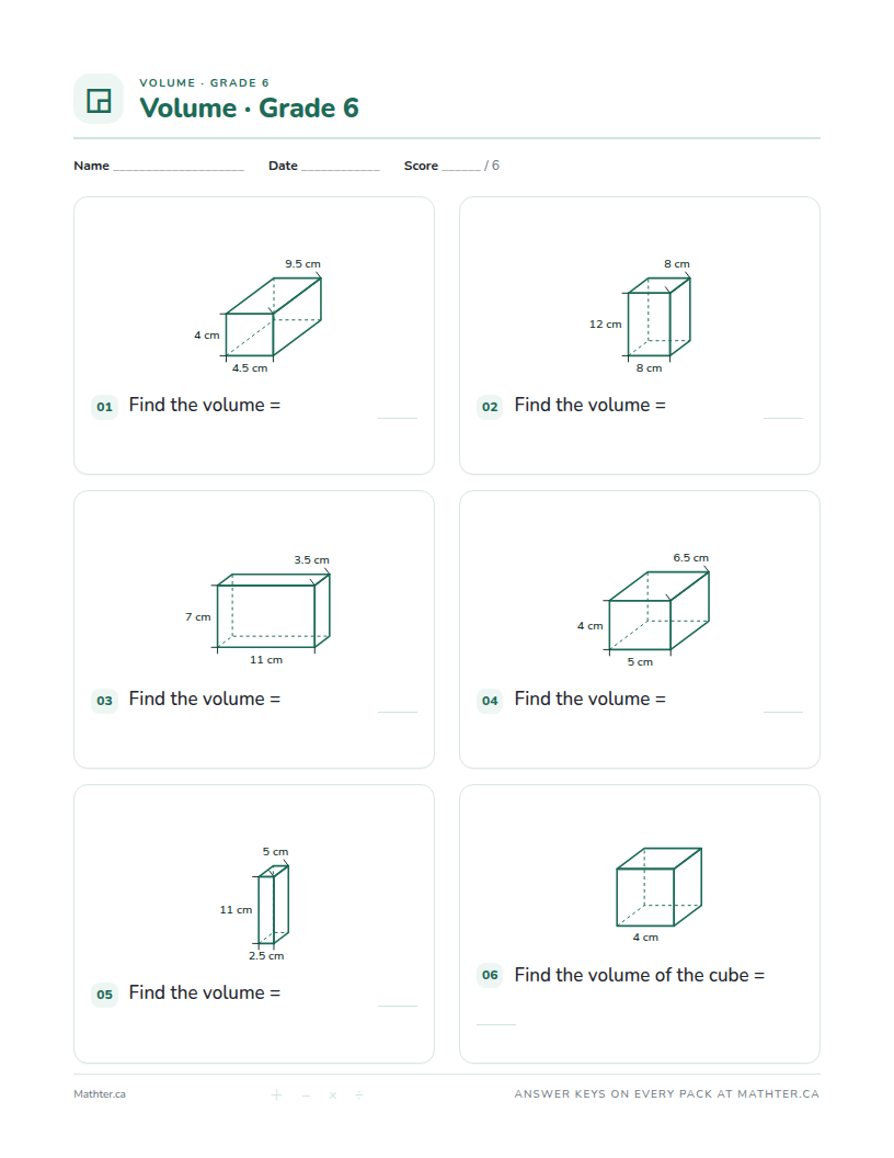Intermediate Grade 6 volume worksheet, page one